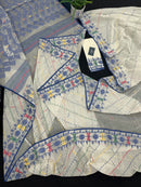 White cotton jamdani saree with blue yellow red green threads work& blouse piece.