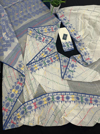 White cotton jamdani saree with blue yellow red green threads work& blouse piece.
