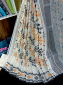 White cotton jamdani saree with orange black floral threads work
