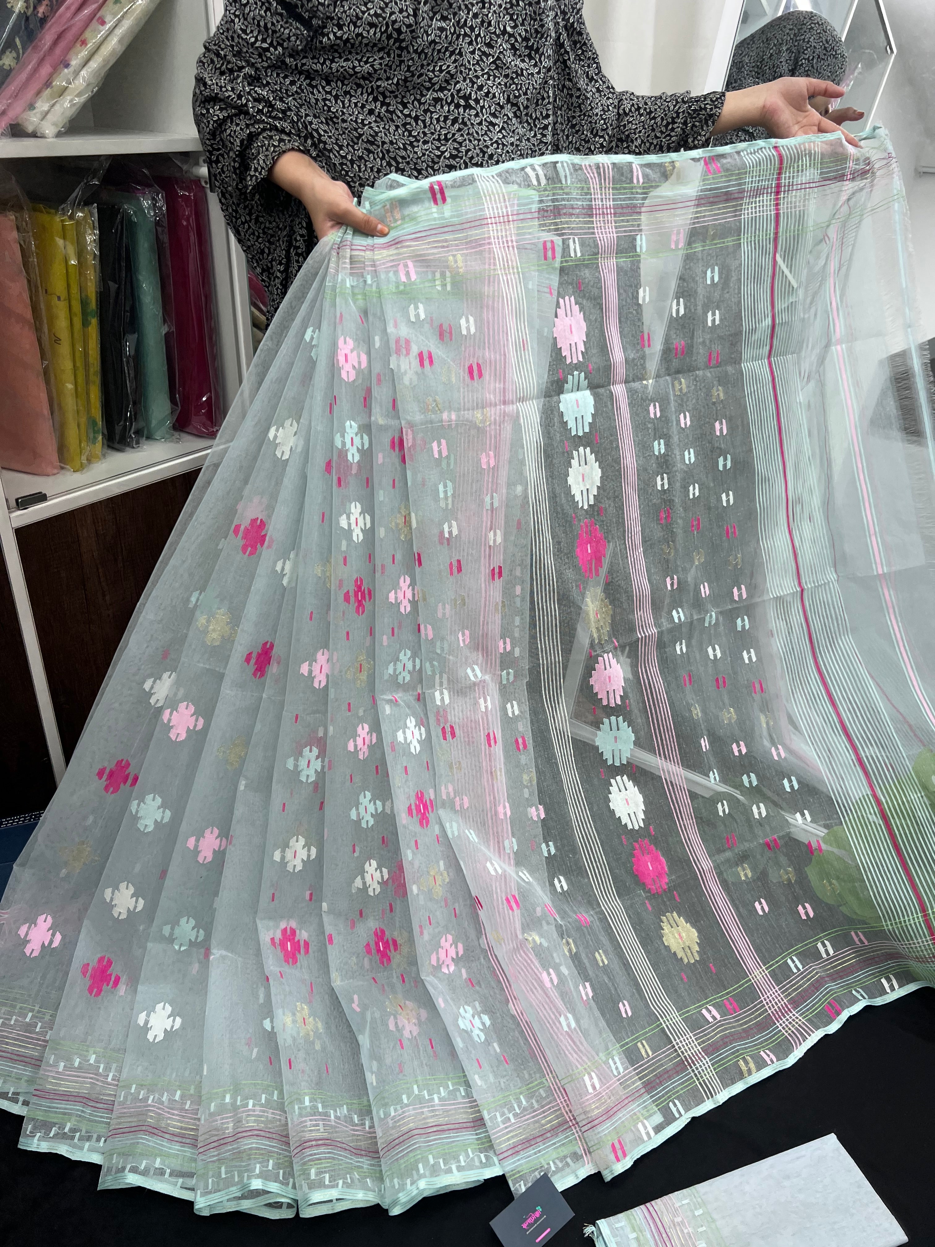 Light Blue Original Handloom Halfsilk Dhakai Jamdani Saree With Pink Blue Off White Threads Work