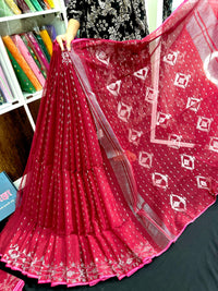 Maroon cotton jamdani saree with silver jori work