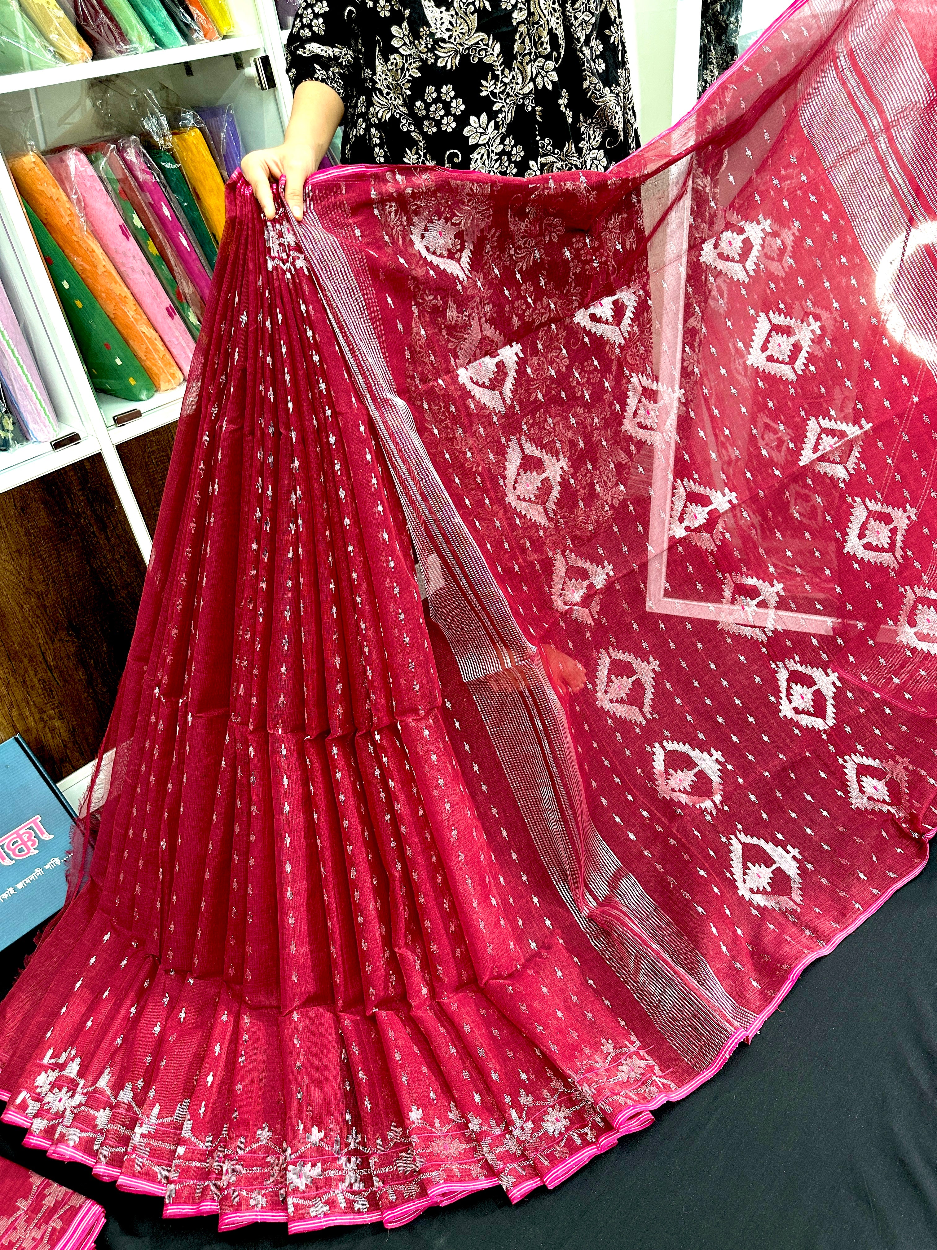 Maroon cotton jamdani saree with silver jori work