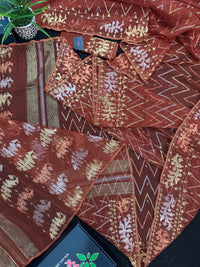 Brown reshom halfsilk jamdani saree with golden silver & copper jori work.