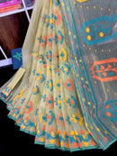 Basonti colour halfsilk jamdani saree with orange blue yellow threads work