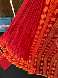 Red cotton jamdani saree with orange threads work