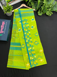 Lamon Green Original  Handloom Halfsilk Dhakai Jamdani Saree With Multiple Threads Work