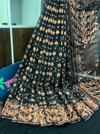 Black with copper halfsilk jamdani saree with magenta meena work