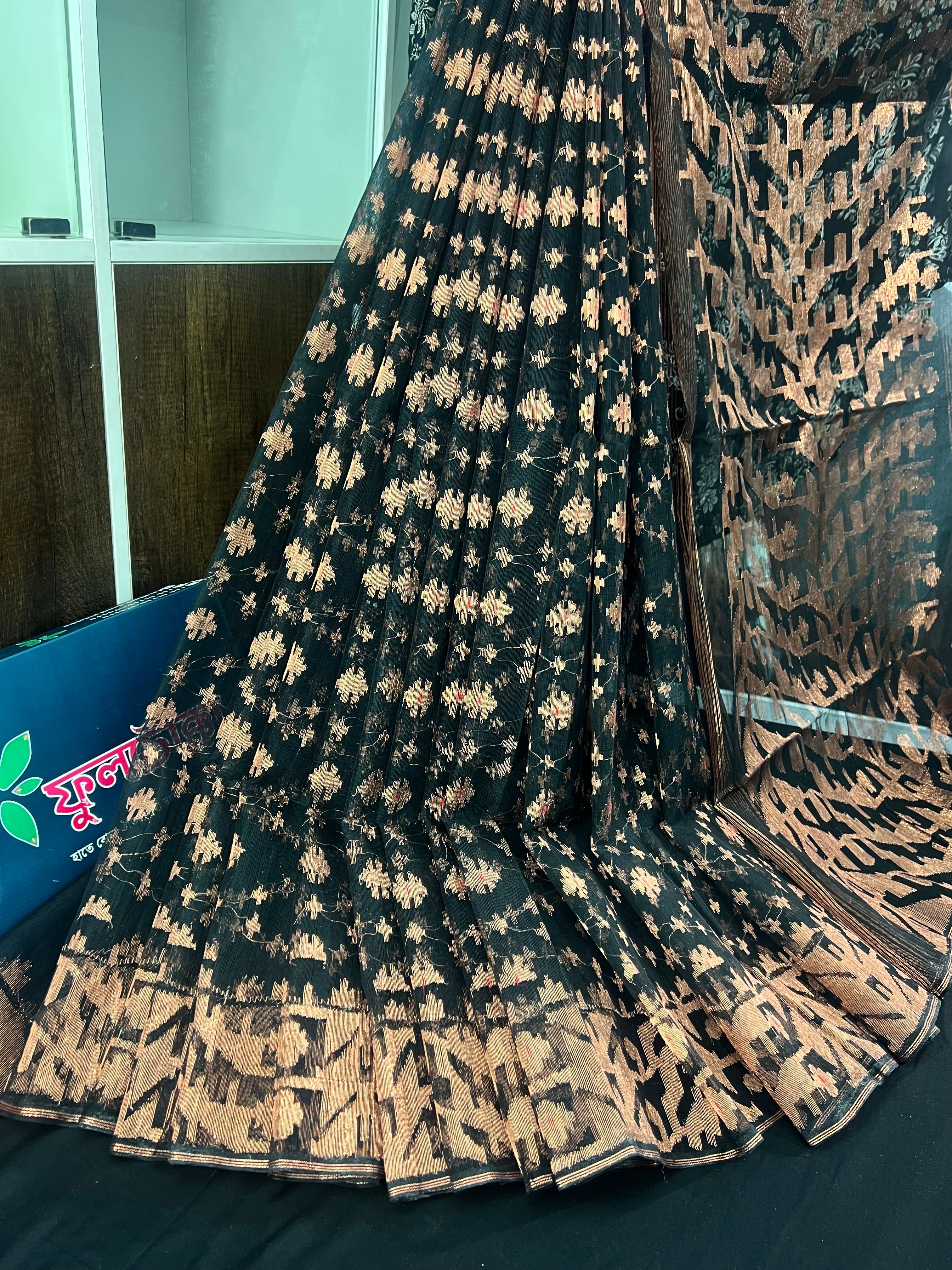 Black with copper halfsilk jamdani saree with magenta meena work