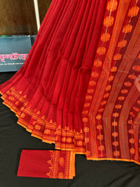 Red cotton jamdani saree with orange threads work