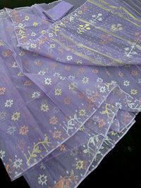 Lite lavender jamdani saree with golden silver copper jori work.