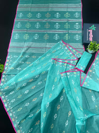 Aqua blue halfsilk handloom original dhakai jamdani saree with golden silver & copper jori work