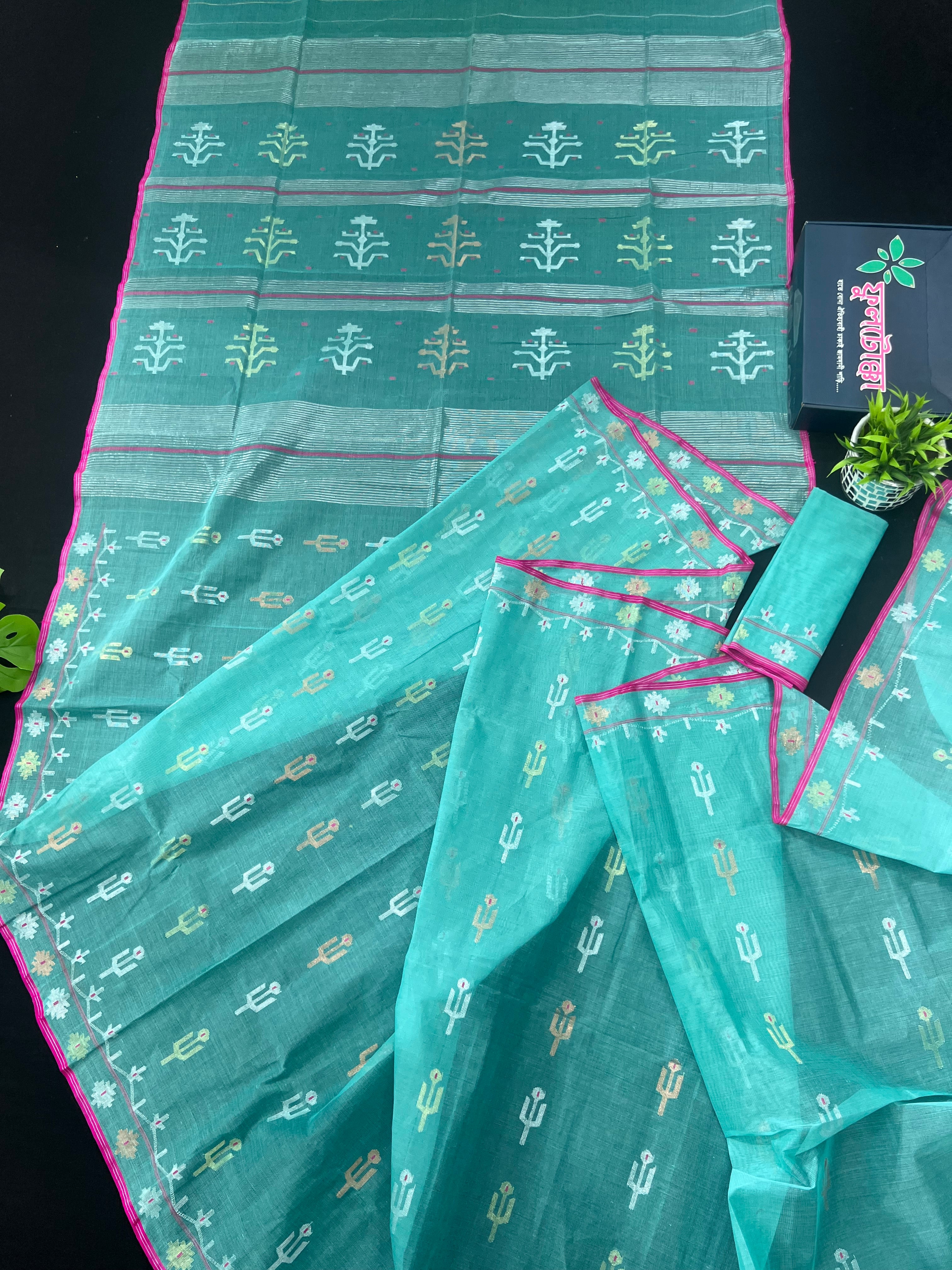 Aqua blue halfsilk handloom original dhakai jamdani saree with golden silver & copper jori work