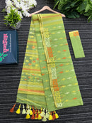 Olive green halfsilk jamdani saree with orange and olive threads work
