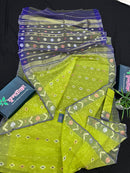 Olive halfsilk jamdani saree with golden silver & copper jori work and blue contrast paar