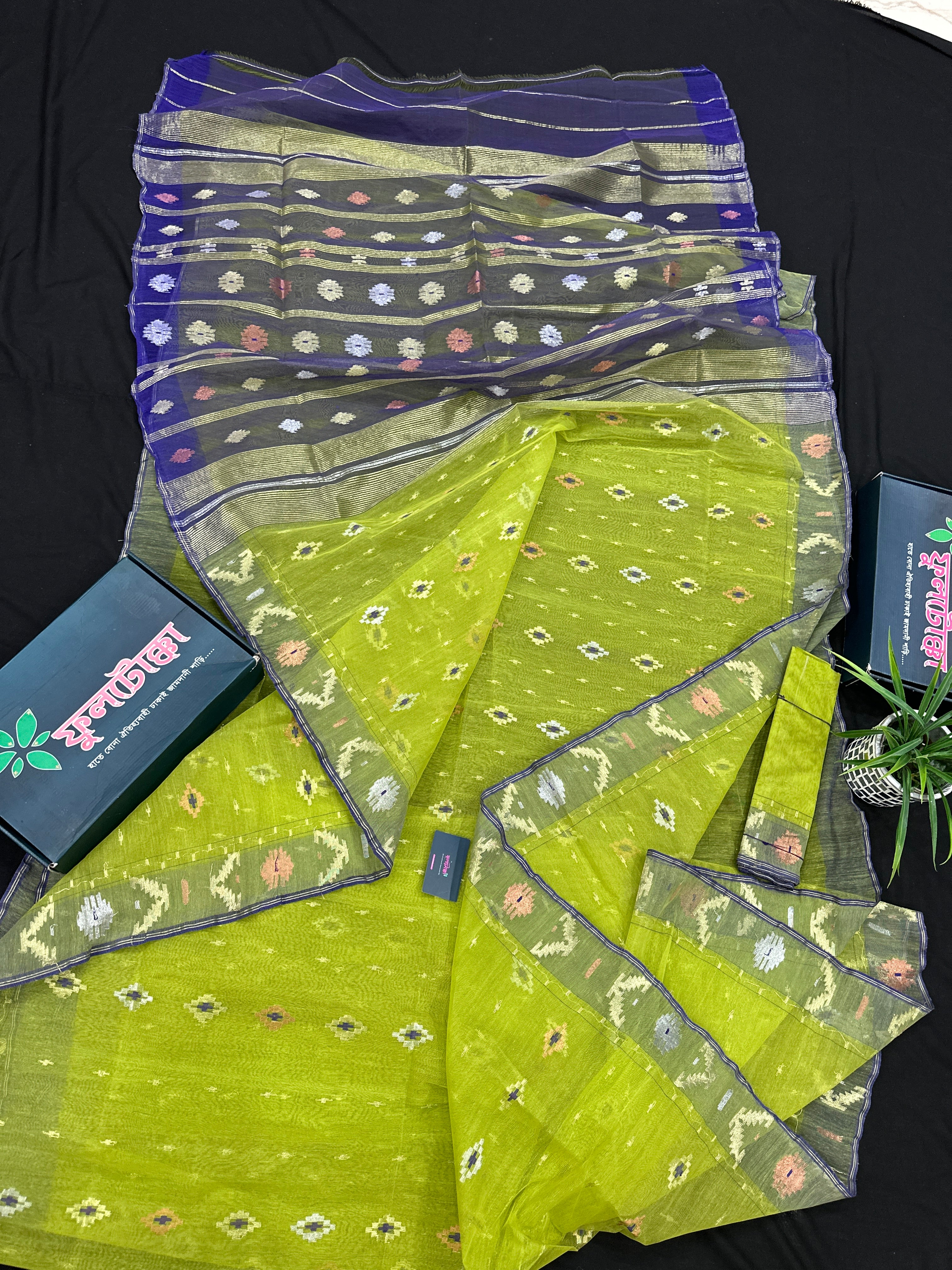 Olive halfsilk jamdani saree with golden silver & copper jori work and blue contrast paar