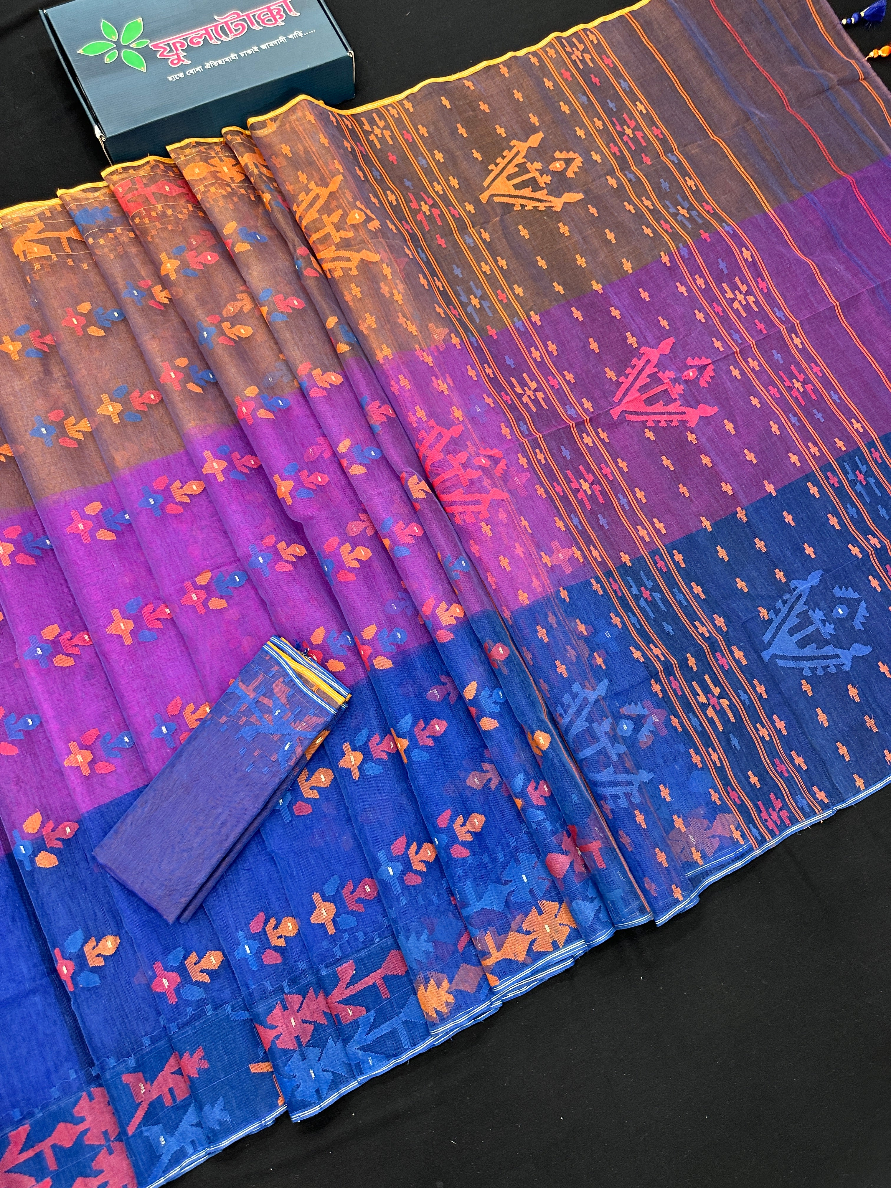 Tripple Shaded Original Handloom Halfsilk Dhakai Jamdani Saree With Multiple Threads Work