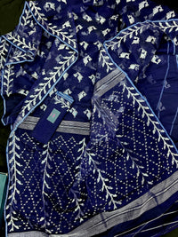 Navy blue jamdani saree with silver jori work soft threads all over work.