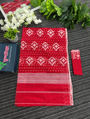 Red cotton jamdani saree with white threads work