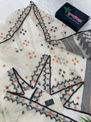 White cotton jamdani saree with orange & black threads work.