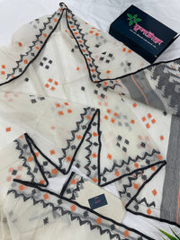 White cotton jamdani saree with orange & black threads work.