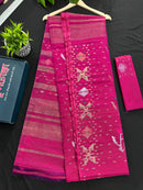 Magenta halfsilk jamdani saree with golden silver & copper jori work aslo green pink threads work