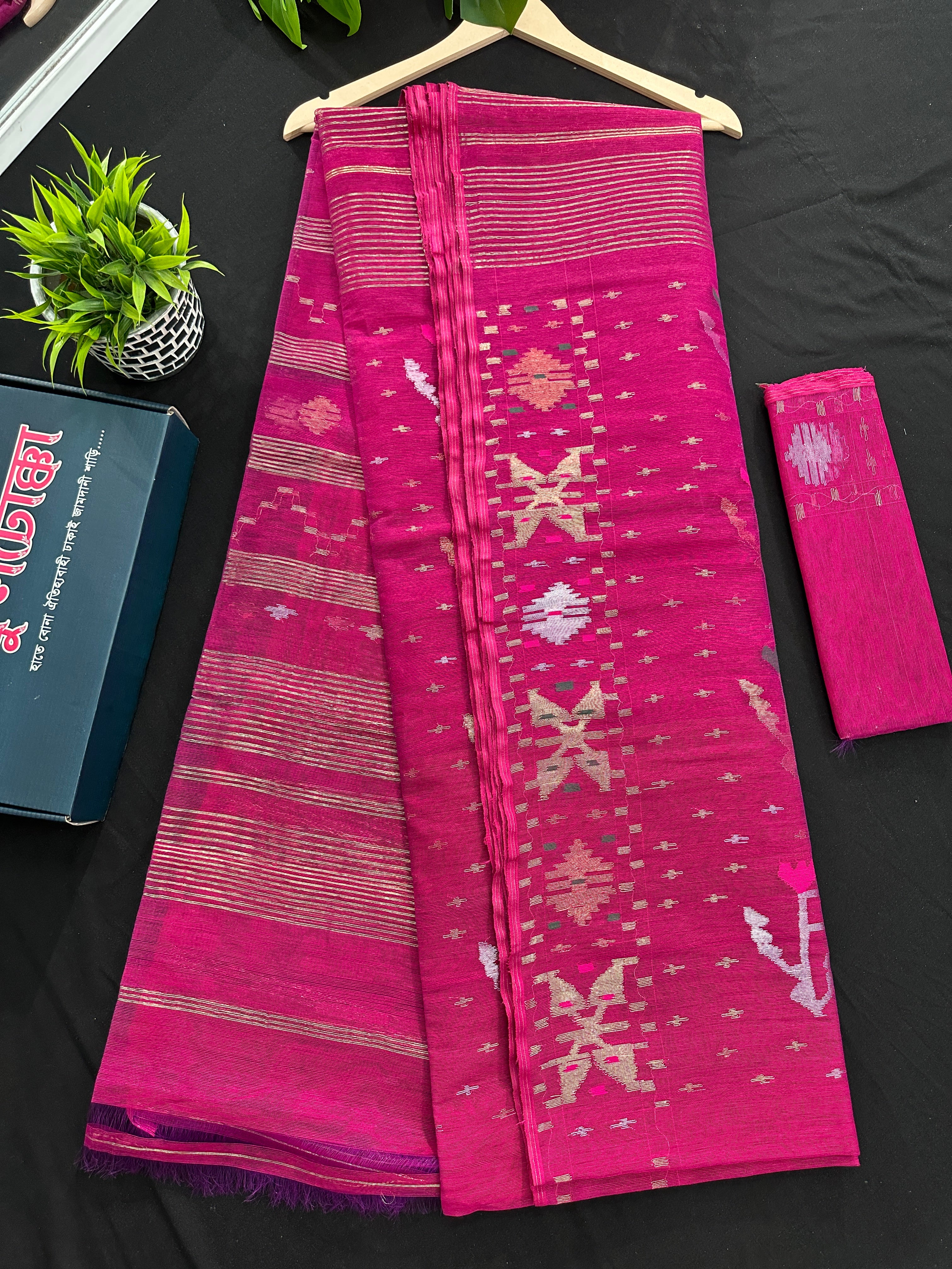 Magenta halfsilk jamdani saree with golden silver & copper jori work aslo green pink threads work
