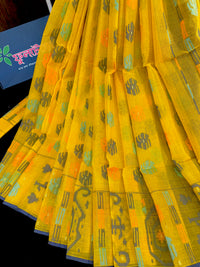 Yellow cotton jamdani saree with orange grey green blue colour threads work.