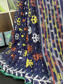 Deep blue halfsilk jamdani saree with orange yellow white threads work