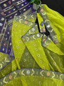 Olive halfsilk jamdani saree with golden silver & copper jori work and blue contrast paar