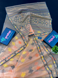 Lite Orange Original Handloom Halfsilk Dhakai Jamdani Saree With Multiple Threads Work