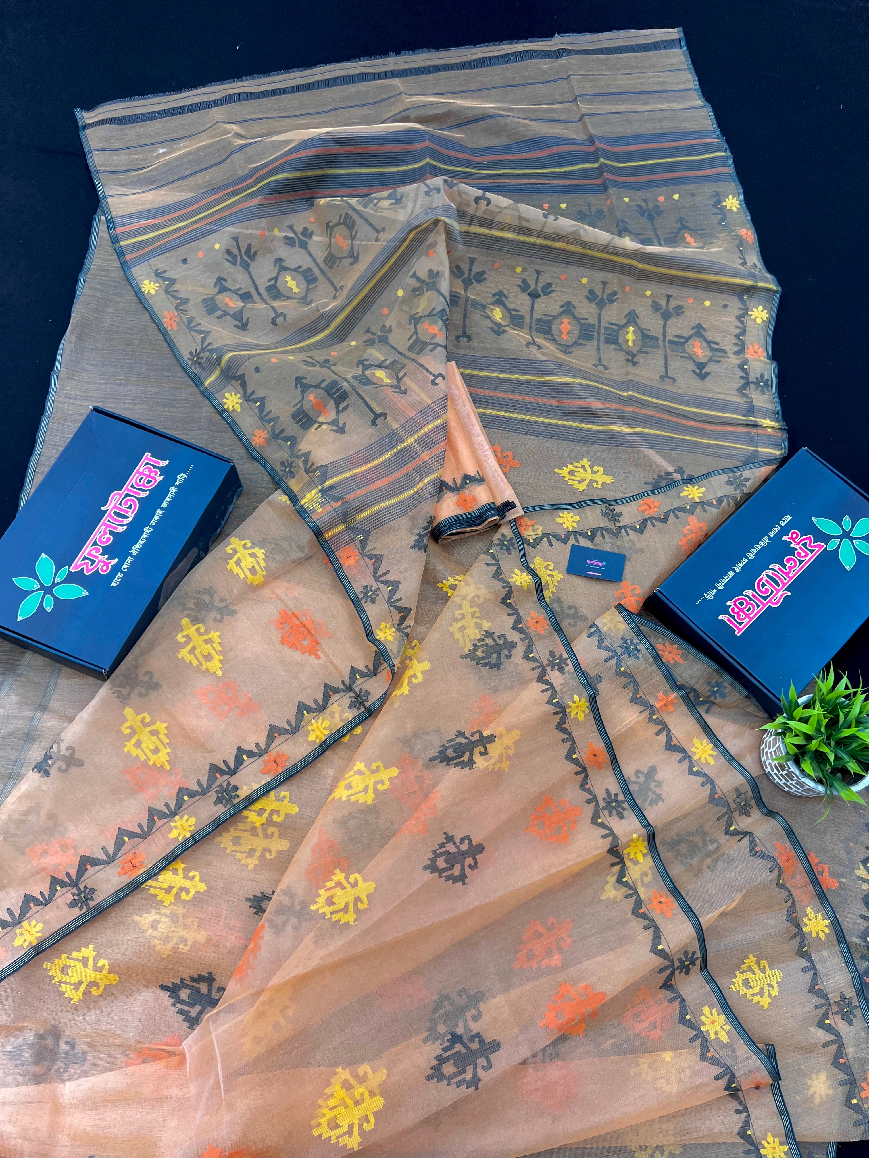 Lite Orange Original Handloom Halfsilk Dhakai Jamdani Saree With Multiple Threads Work