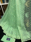 Mint Colour Original Handloom Halfsilk Dhakai Jamdani Saree With Golden Jori Work