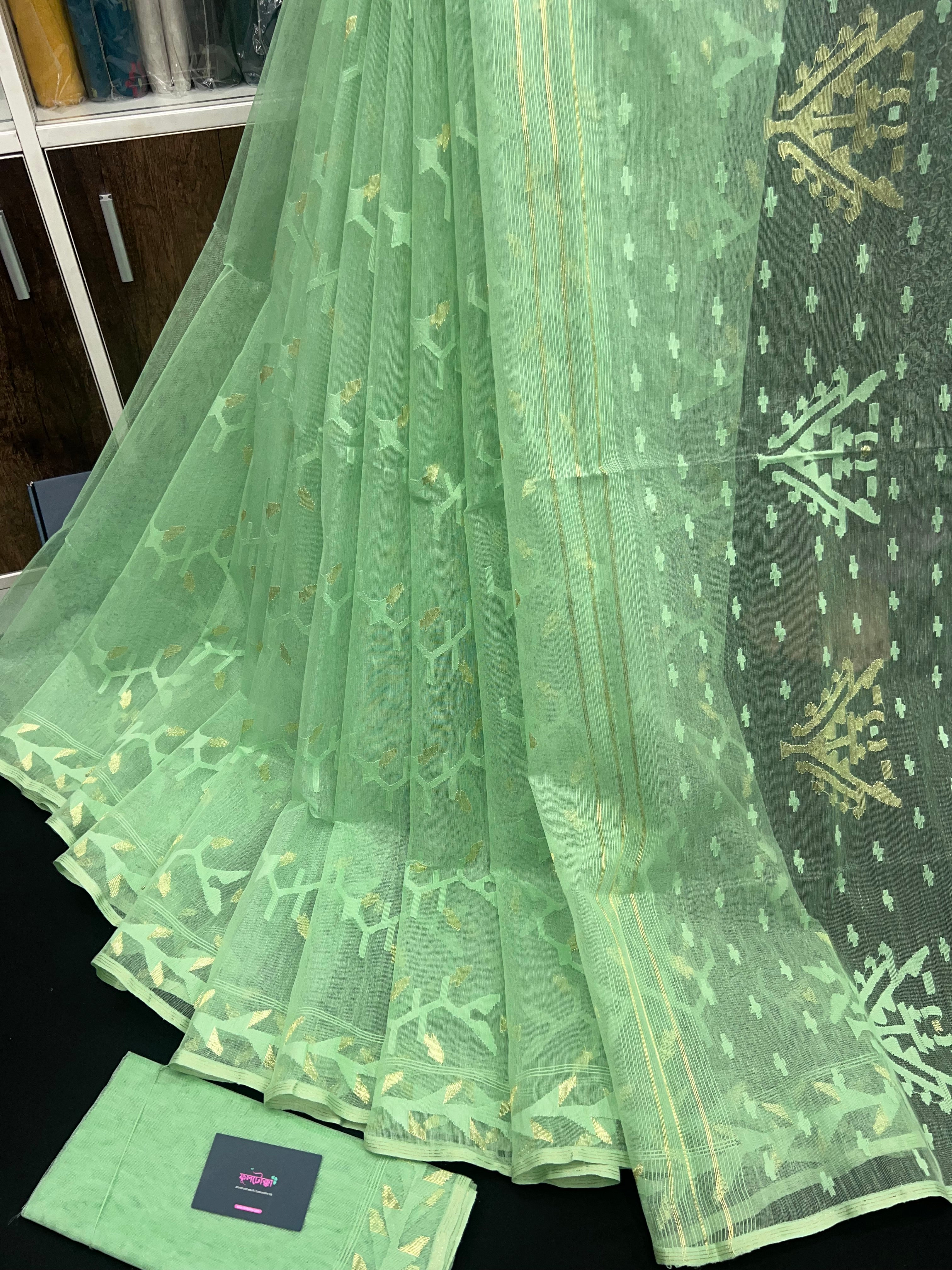 Mint Colour Original Handloom Halfsilk Dhakai Jamdani Saree With Golden Jori Work