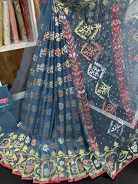 Surma Ash halfsilk jamdani saree with golden silver copper jori work and red border