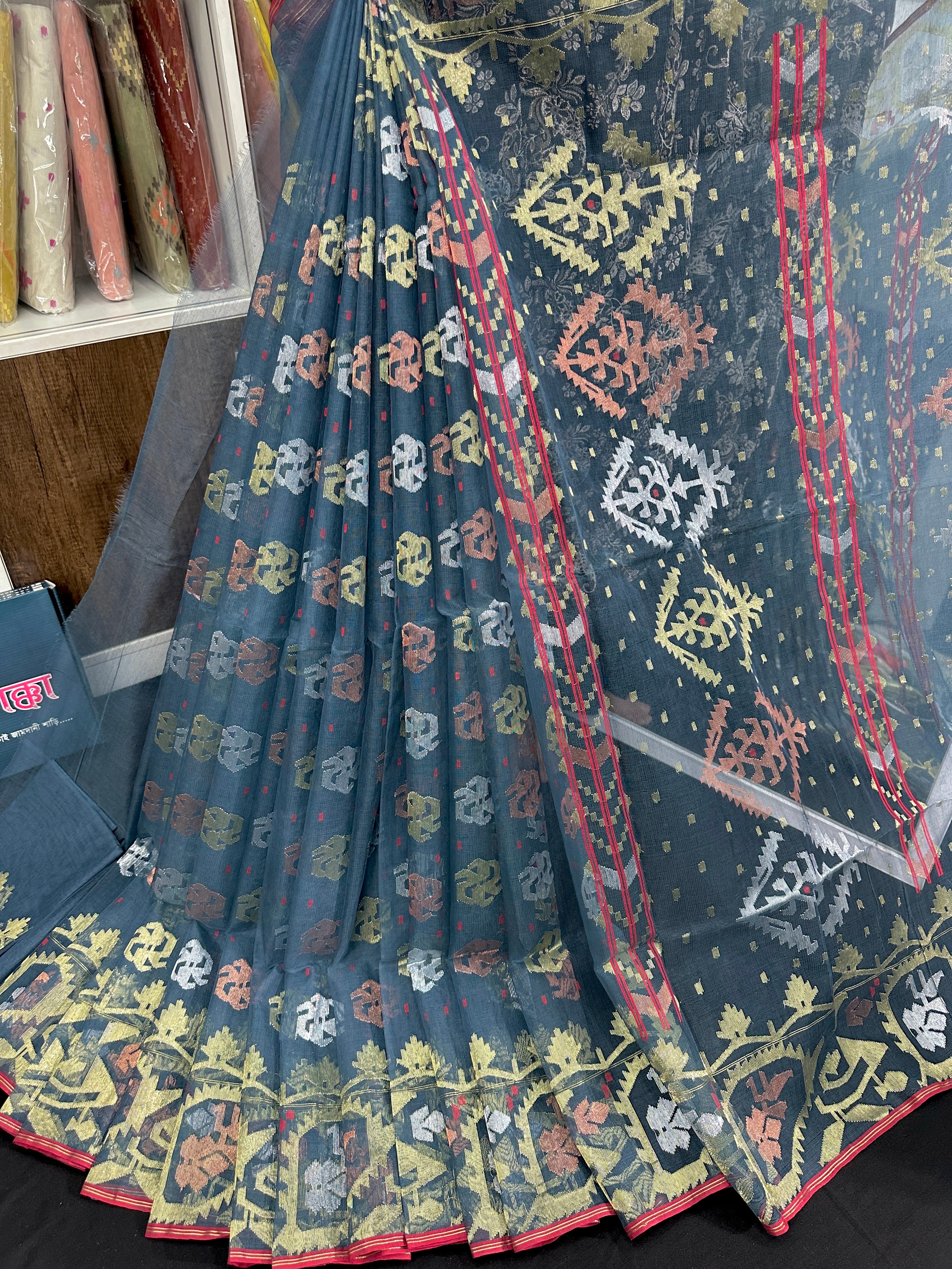 Surma Ash halfsilk jamdani saree with golden silver copper jori work and red border