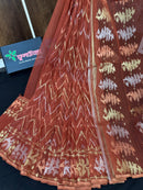 Brown halfsilk jamdani saree with golden silver and copper jori work