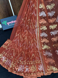 Brown halfsilk jamdani saree with golden silver and copper jori work