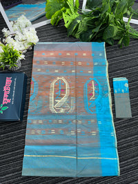 Fanta orange halfsilk jamdani saree with golden jori work and blue orange threads work