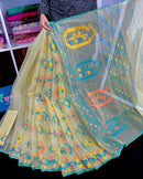 Basonti colour halfsilk jamdani saree with orange blue yellow threads work