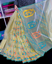 Basonti colour halfsilk jamdani saree with orange blue yellow threads work