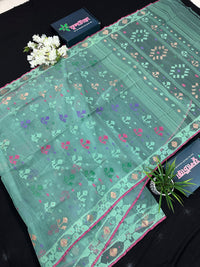 Bright Teal Blue dhakai Jamdani saree with pink border all over work soft count.