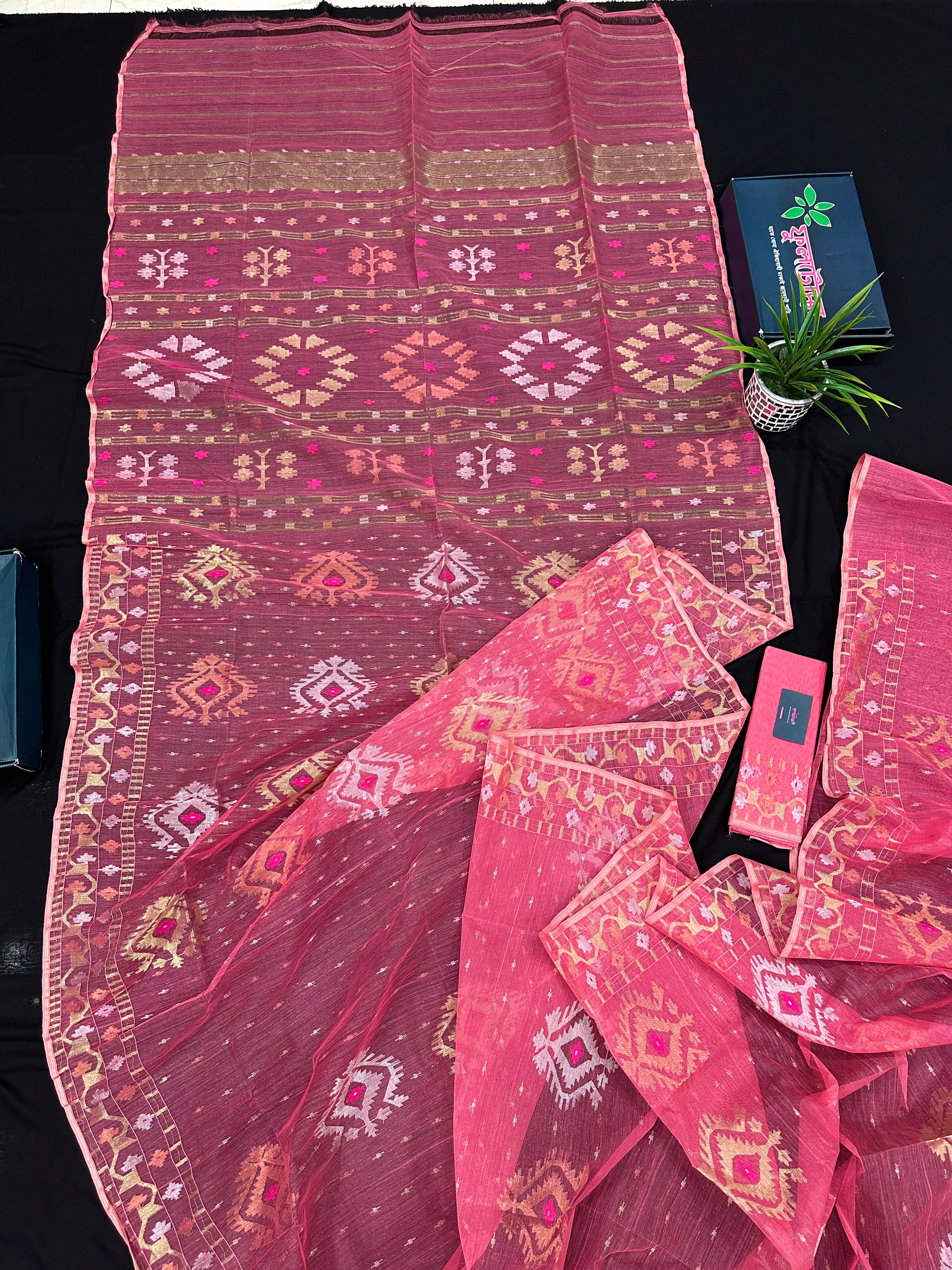 Peach pink jamdani saree with golden silver & copper jori work.