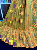 Olive exclusive halfsilk jamdani saree with yellow orange blue pink threads work