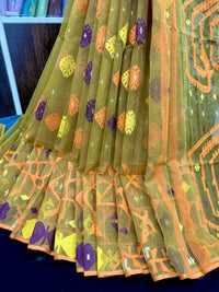 Olive exclusive halfsilk jamdani saree with yellow orange blue pink threads work