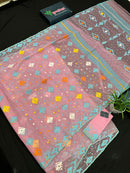 Pink jamdani saree with blue white yellow orange threads work and blouse piece.