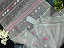 Light Blue Original Handloom Halfsilk Dhakai Jamdani Saree With Pink Blue Off White Threads Work