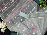 Light Blue Original Handloom Halfsilk Dhakai Jamdani Saree With Pink Blue Off White Threads Work