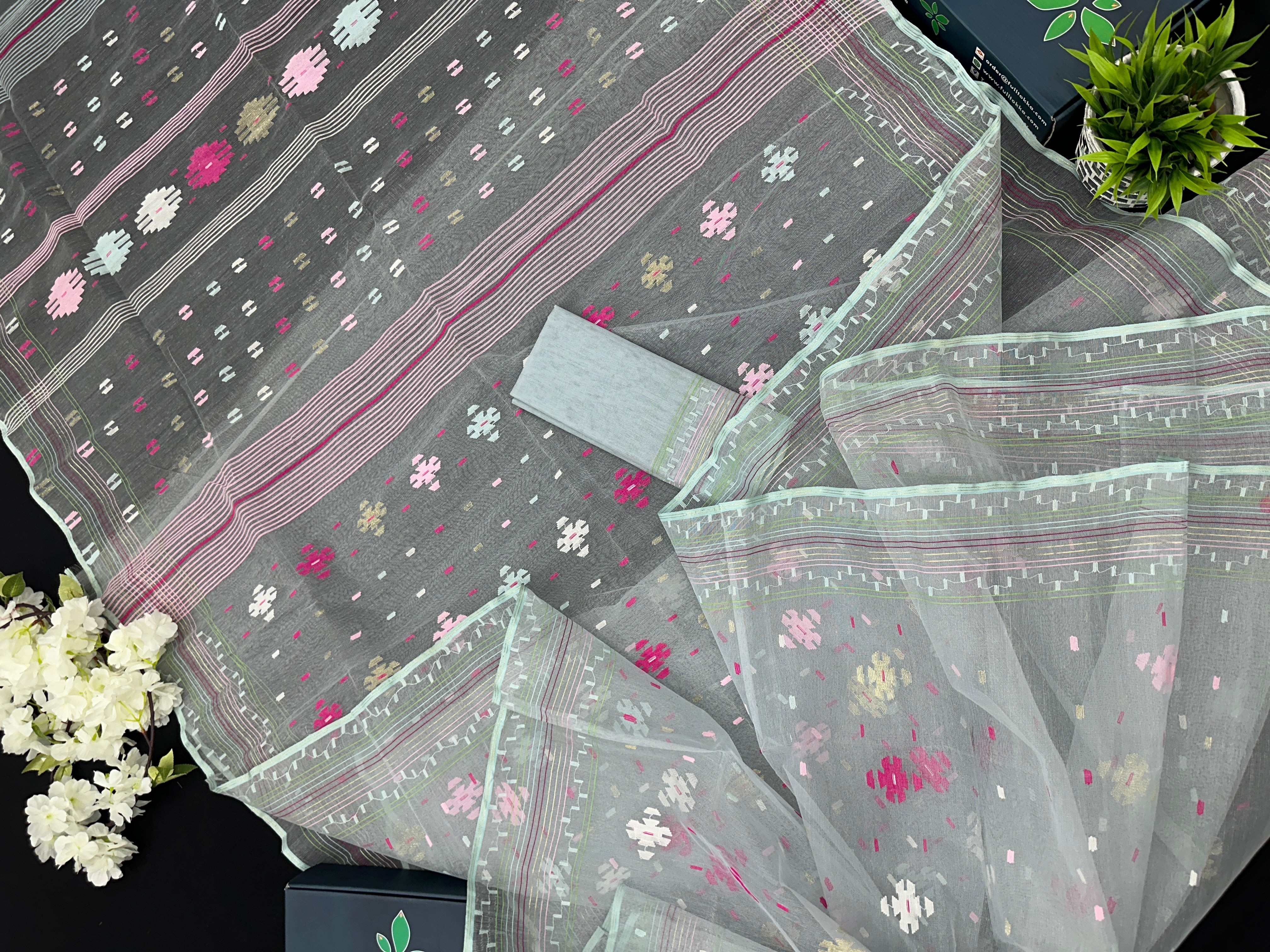 Light Blue Original Handloom Halfsilk Dhakai Jamdani Saree With Pink Blue Off White Threads Work