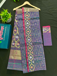 Purplish blue dual toned halfsilk jamdani saree with golden silver & copper jori work