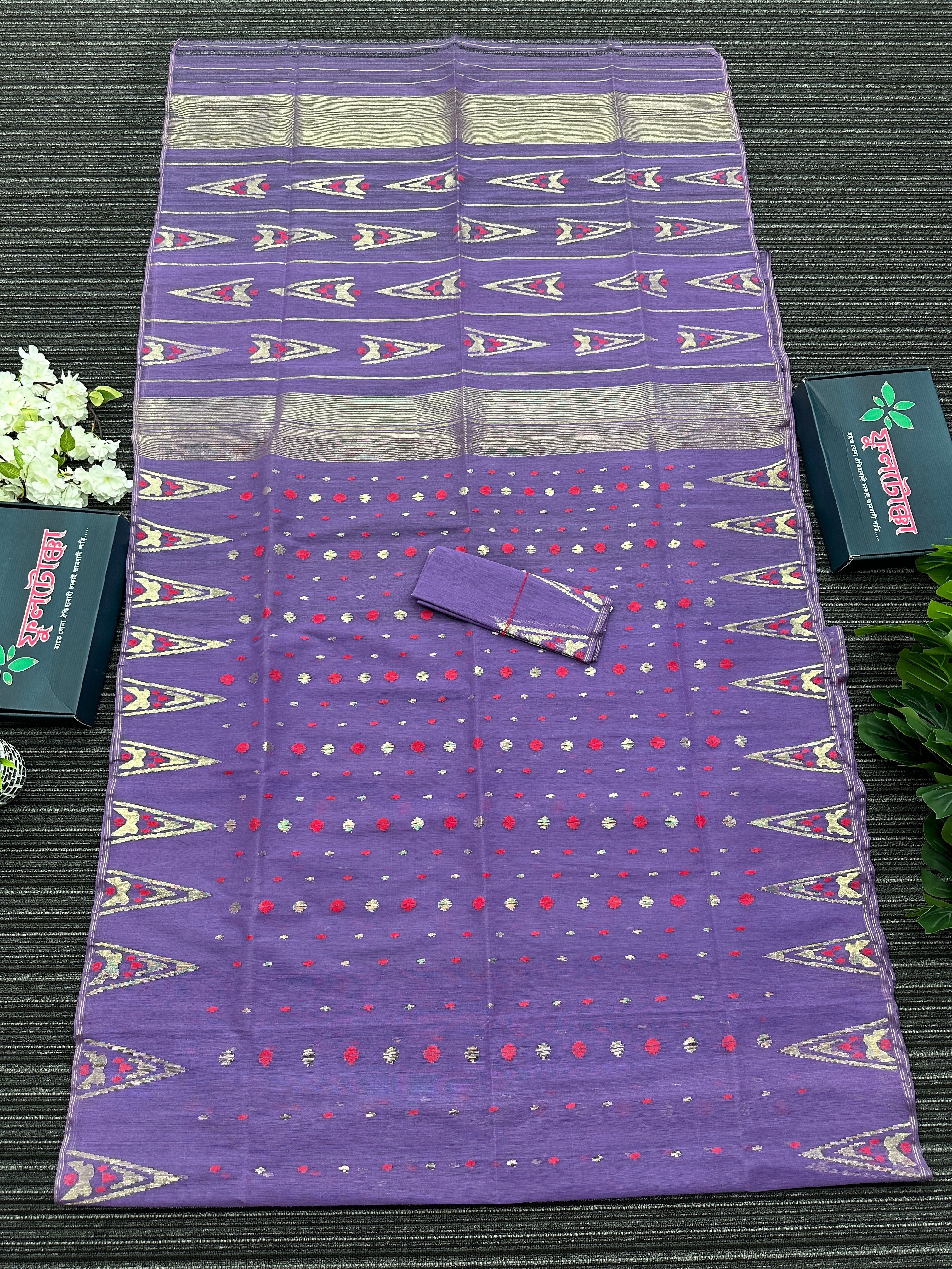 Purplish Lavendar halfsilk jamdani saree with golden jori work and pink meena work